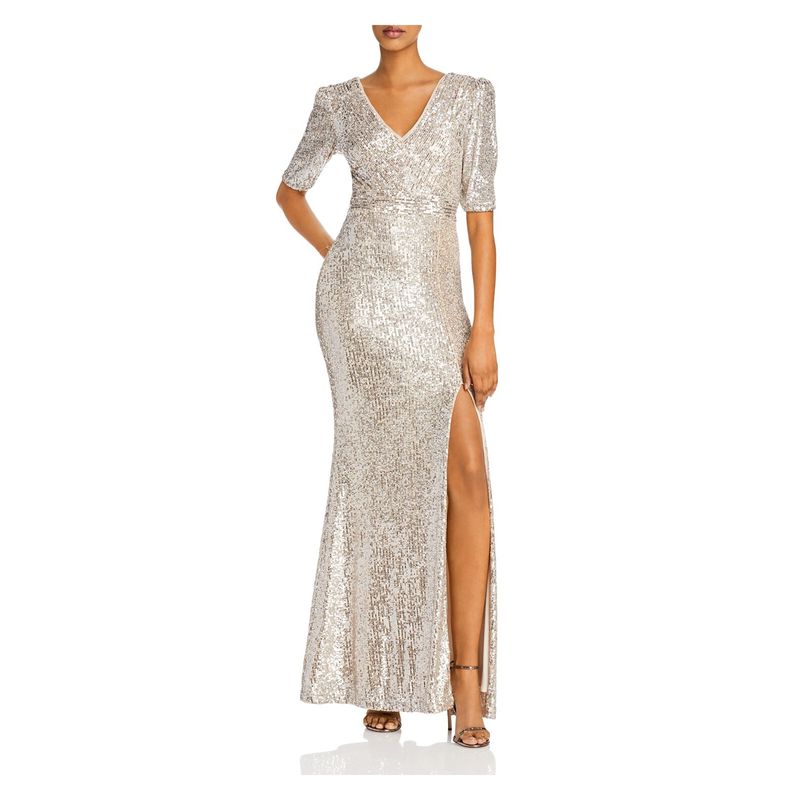 Aqua Formal Womens Beige Pouf Sleeve V Neck Full-Length Evening Sheath Dress 0
